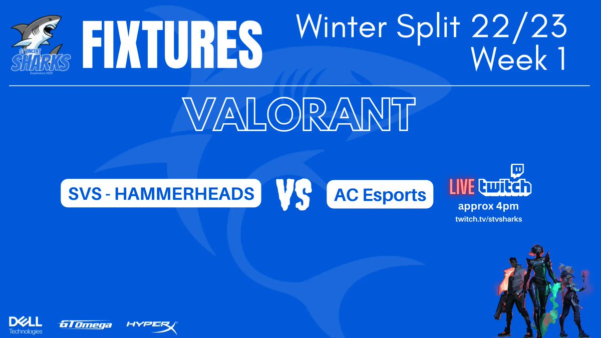StVSharks's tweet photo. Today is the day! the #BritishEsports student champs return - this year we will be competing in all competitions  and to kick things off , we will be #LiveStreaming our #Valorant match live on our #TwitchChannel head over to https://t.co/U9JeqK6rJy from 4pm BST #HungerToWin https://t.co/z4nVPDffw6