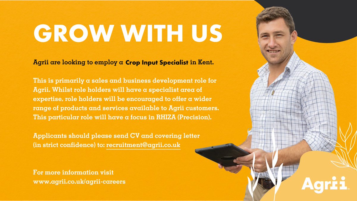 GROW WITH US

+ Crop Input Specialist  #Kent

You will work alongside progressive growers and agronomists to help maximise input use efficiency, increasing crop performance and yields.

Full details at bit.ly/AgriiCareers

#iAmAgrii #CareersInAgriculture
