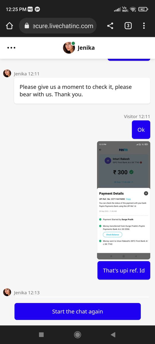 psdurge92's tweet photo. @be_cric  Hi Be_cric team. I paid 300, that's min. Amount through UPI, did not get credited to my acc. Went for live chat support and instead of giving a real solution, all I got is nominal assurance. Your team and executives BELIEVE they have given the solution, thus ends chat. https://t.co/Q0aj9f2i9K