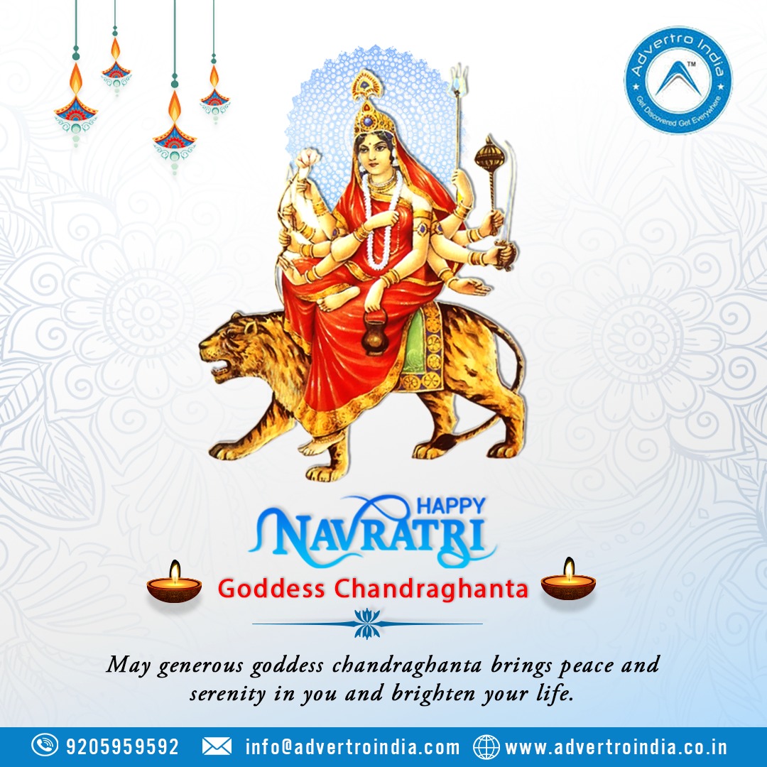 AdvertroIndia's tweet photo. In Hinduism, Chandraghanta is the third navdurga aspect of goddess Mahadevi. 
Email - info@advertroindia.com
Website - https://t.co/kmI1cdQ9ya
Contact Number - 9999097272, +91 92059 59592
.
.
.
.
.
#advertroindia #durgapuja #navratri #garba #celebrate #festival #digitalmarketing https://t.co/jN8TpleWDV
