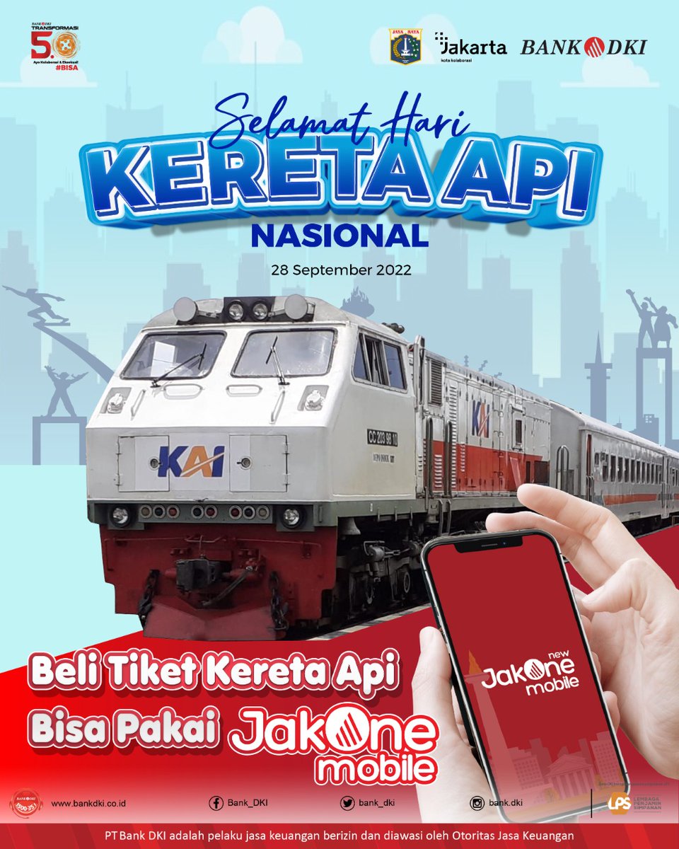 bankjakarta_'s tweet photo. Selamat Hari Kereta Api Nasional

Pada tahun 2022 ini, Hari Kereta Api Nasional mengusung tema "Bangkit Lebih Cepat, Melayani Lebih Baik". 

Beli tiket kereta api pakai JakOne Mobile untuk merayakan Hari Kereta Api Nasional!

#BDKI
#BankDKI
#HariKeretaApiNasional
#JakOneMobile https://t.co/pMWl7OsQOO