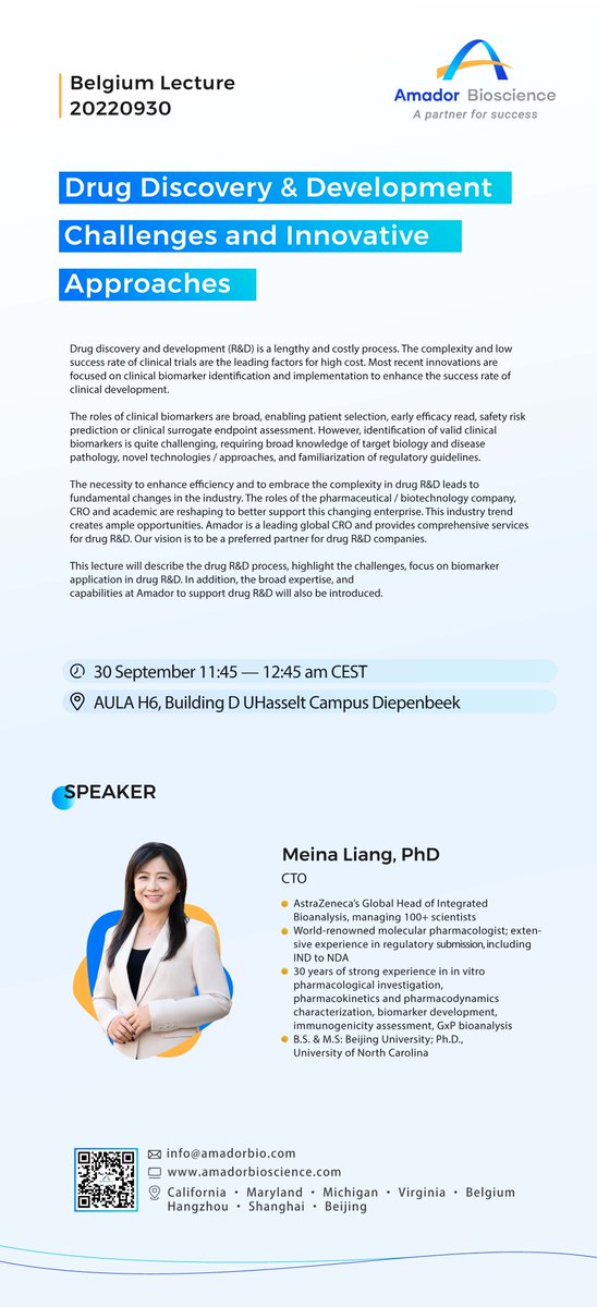 BIOMED_UHasselt's tweet photo. We welcome you for a guest lecture at @UHasselt this Friday, September 30th at 11:45 by dr. Meina Liang for Amador Biosciences on #drugdiscovery and #biomarkers. https://t.co/ob8n8moXBX
