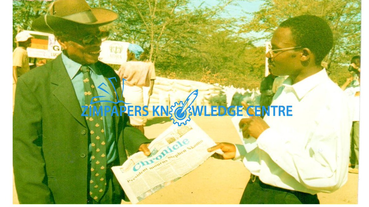 Chief Khavula Muleya Khuse of Lubimbi, Binga, receives a copy of the Chronicle from former Senior reporter, Elliot Siamonga. Source:@ZimpapersByo Date of publication: 22 April 2003 #accesstoinformation #inclusiveknowledgesocieties #mediaplayingcriticalrole