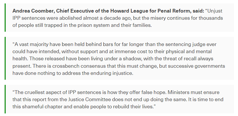 TheHowardLeague's tweet photo. Today @CommonsJustice has published the findings from its inquiry into IPP sentences.

MPs have called on the government to re-sentence all people in prison who are subject to IPPs.

Here is our response: https://t.co/l0NEZaX7fW https://t.co/bAWE15szLY