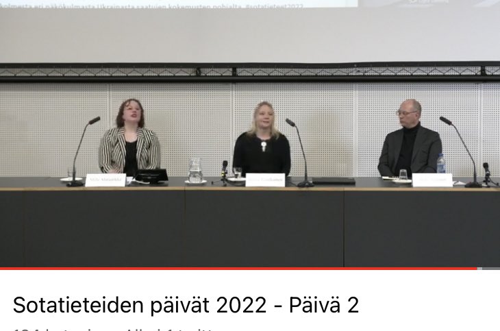 Hyvä keskustelu #somevaikuttajat roolista kognitiivisessa sodankäynnissä. Sodan infosumussa on vaikeaa tunnistaa mis/disinformaatiota, propagandaa ja neutraalia tietoa. Tuttuun vaikuttajaan luotetaan helposti <a href="/hreinikainen/">Hanna Reinikainen</a> sekä <a href="/AlaraatikkaM/">Milla</a> Miika Sartonen #sotatieteet2022