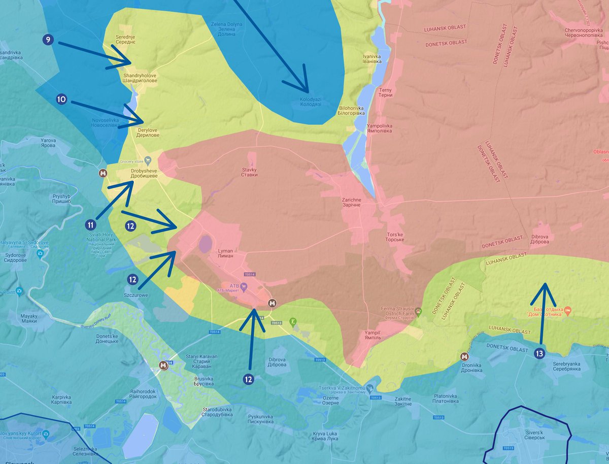 Ukrainene's tweet photo. Latest situation in #Lymn Front :

There are rumors of liberation in Shandryholove,
#UkrainianArmy controls most of the west side Drobysheve, #Ukrainians and #Russians are making a sort of “last stand”on the eastern side
#Ukraine️ appeared to have liberated #Kolodyazi yesterday https://t.co/3lIPF2x8bN