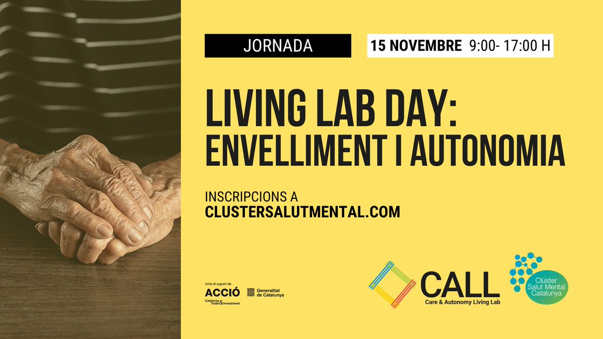 WeMindCluster's tweet photo. 📌 #SaveTheDate! El dimarts 15 de novemebre organitzem el segon #LivingLabDay del nostre #CALL. Aquest cop posarem focus en l'#Envelliment i l'#Autonomia de les #persones.

Apunta't ja! 👉 https://t.co/XXm7MxzDwc
#Care #Autonomy #LivingLab #EcosistemaCSMC https://t.co/CcW6dG8xAz