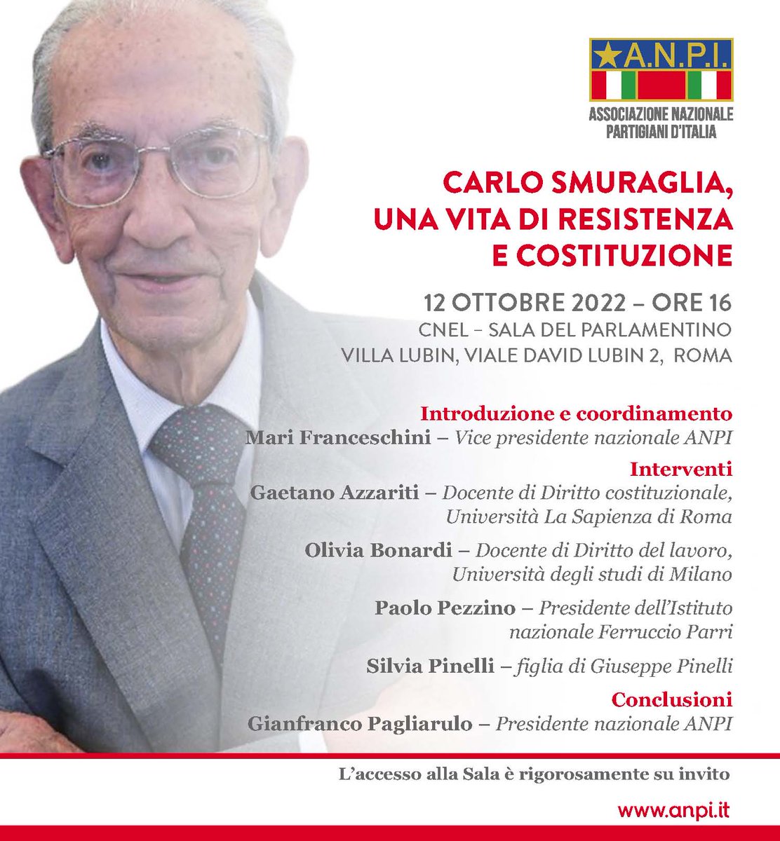 L'accesso alla Sala sarà rigorosamente su invito
#CarloSmuraglia
#ANPI
#Costituzione 
#Resistenza