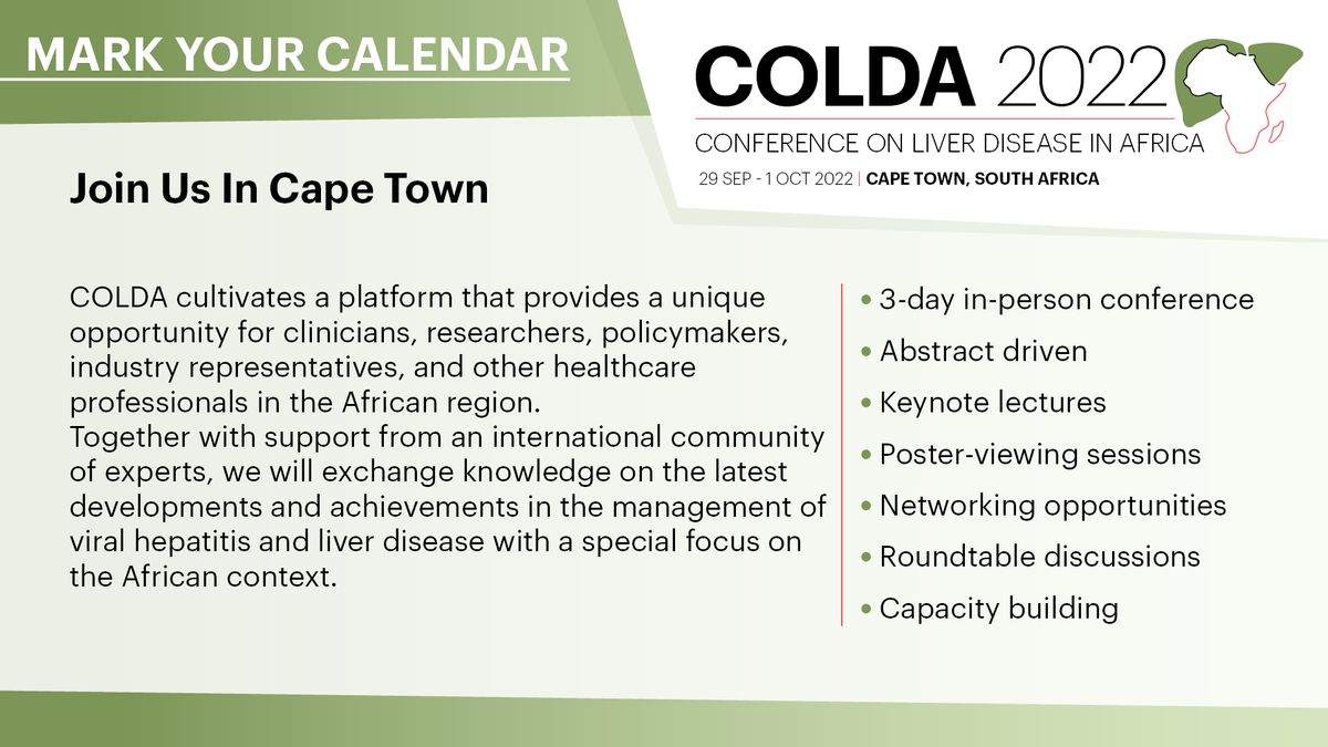 HepBFoundation's tweet photo. Are you keen to hear about #LiverDisease in the African region?
#COLDA invites you to join the key experts as they explore a wide variety of relevant aspects through the 3-day program!
Register here > https://t.co/wVakmX3Xm1 
#ViralHepatitis #Hepatology #LiverDisease #HCC https://t.co/nLWbrslGZI