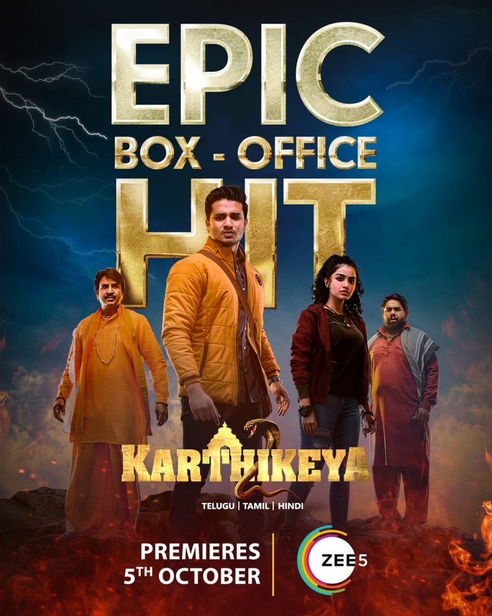 #Karthikeya2 Streaming from October 5th on #Zee5 

@actor_Nikhil @anupamahere @chandoomondeti @AbhishekOfficl @kaalabhairava7 @AnupamPKher @vishwaprasadtg @vivekkuchibotla @MayankOfficl #KrishnaIsTruth #Kartikeya2onZee5