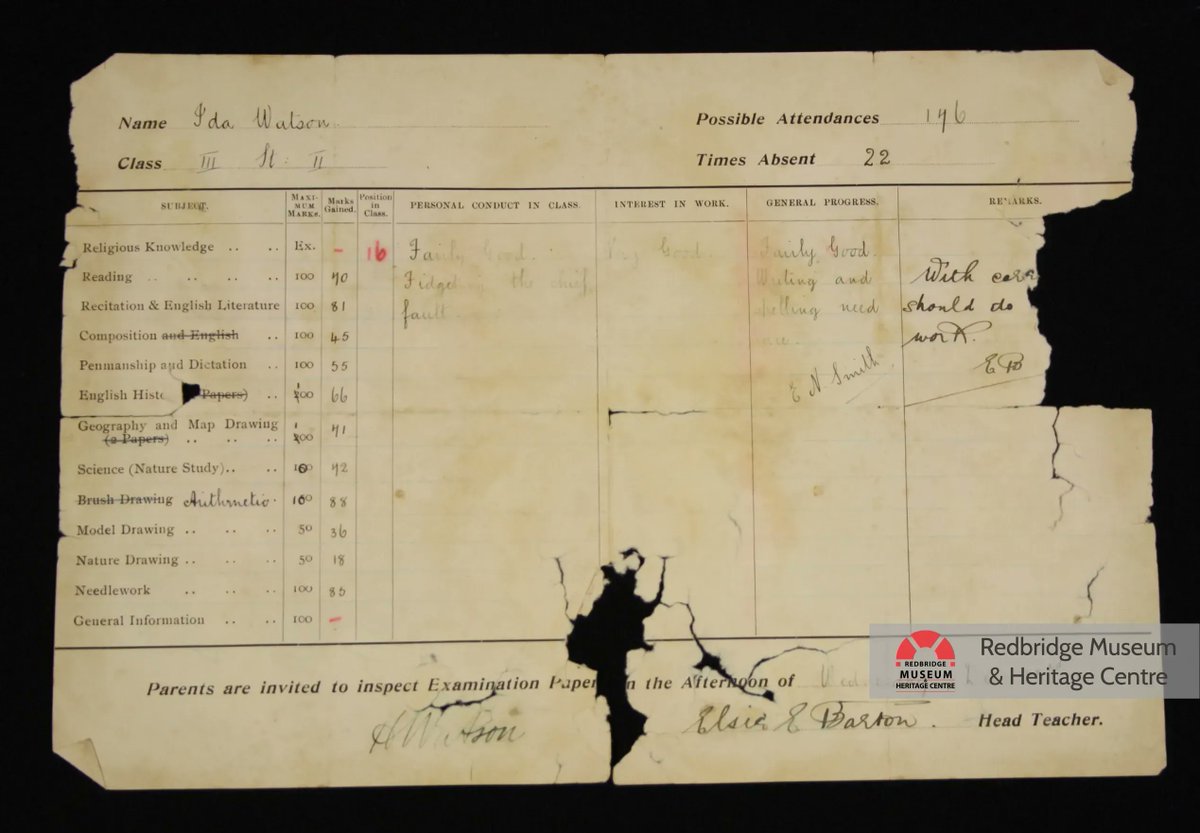 RedbridgeMuseum's tweet photo. Here’s a peek at Ida Watson’s school report for the Autumn Term 1908 at Aldersbrook Girls’ School, Wanstead.

Ida’s teacher remarked that her personal conduct in class was “fairly good” but that “fidgeting [was] the chief fault”! Can anyone relate?

#EYALearning @explorearchives https://t.co/sz8GKL9SaJ