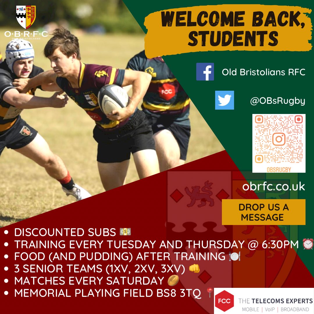 OBsRugby's tweet photo. WELCOME BACK, STUDENTS! 🎉

Whether you’re new to Bristol, returning, want to try rugby for the first side or want to try a different club, we’ve got a team for you! 

We have 4 men’s sides ranging from serious to social, with matches on Saturdays and socials throughout the year https://t.co/zfL9UJJ9Vj
