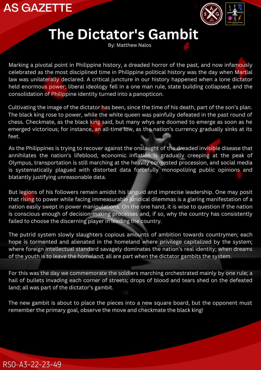 UST_ASGazette's tweet photo. Martial Law Special: The Dictator's Gambit
Article by Matthew Nalos
Layout by Matthew Nalos
#ASGFeatures
#ASGLiterary
#ASGazette2022
#MartialLaw
#NeverForget
RSO-A3-22-23-49 https://t.co/aXyng1EheQ