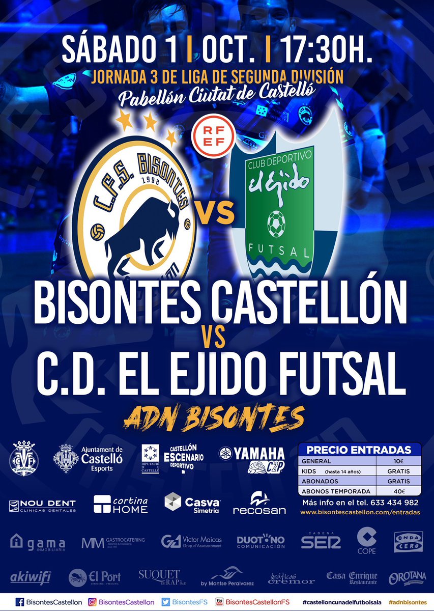 ⚽️Este fin de semana jugamos ⚔️ 

🗓 Sábado 1 de octubre 2022
⏰ 17:30h
🏟 <a href="/CiutatCastello/">CiutatdeCastelló</a> 
⚔️ <a href="/CDElEjidoFutsal/">CD EL EJIDO FUTSAL</a> 
🎫 <12 años, socios 🦬 y VCF🟡Gratis
ℹ️ bisontescastellon.com/entradas/

#adnbisontes #hemosvuelto
