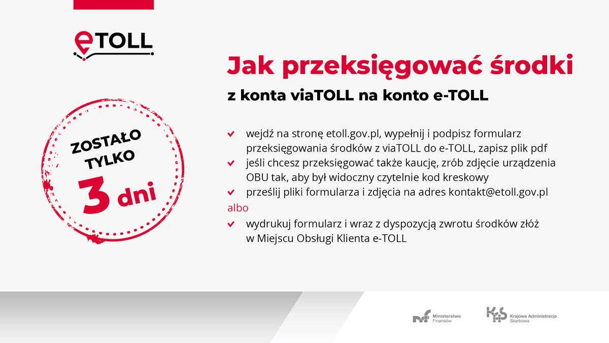 KAS_GOV_PL's tweet photo. 📢 Wniosek o przeksięgowanie środków z #viaTOLL możesz złożyć tylko do piątku 𝟯𝟬 𝘄𝗿𝘇𝗲𝘀́𝗻𝗶𝗮.
Szczegóły pod adresem ➡️ https://t.co/dRC1WiLatp oraz na stronie aktualnego systemu płatności #eTOLL. https://t.co/OItCJAPAz5