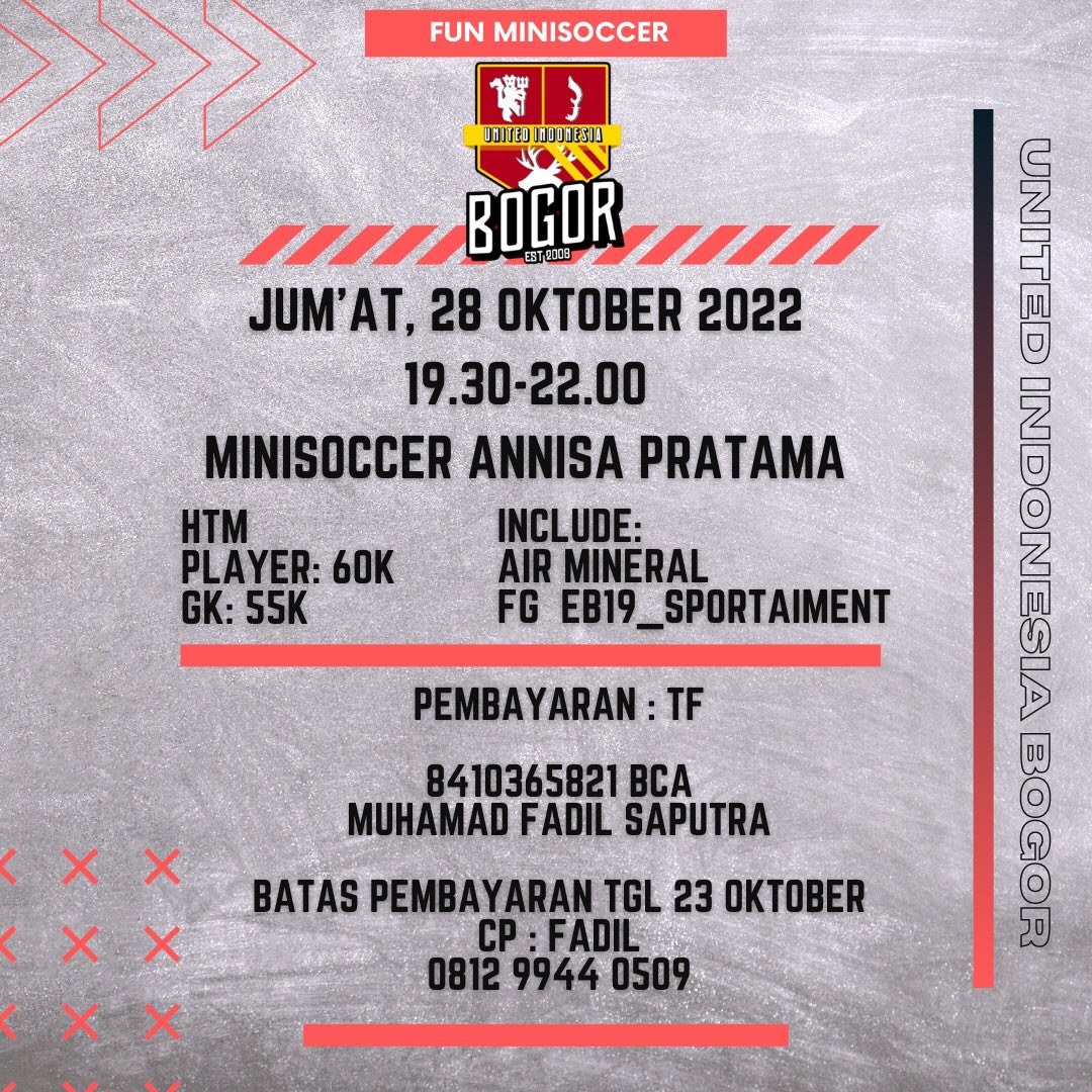 UtdIndonesiaBGR's tweet photo. United Indonesia Bogor Open List for Fun Minisoccer

📆Jumat, 28 October 2022
🕒19.30-Selesai
🏟Anissa Pratama Mini Soccer
📸EB19_Sportaiment
💵55k GK &amp; 60k Player (include softdrink)

Info lebih lanjut langsung wa cp kita.

#uib #funminisoccer https://t.co/XxvHQAvUgD