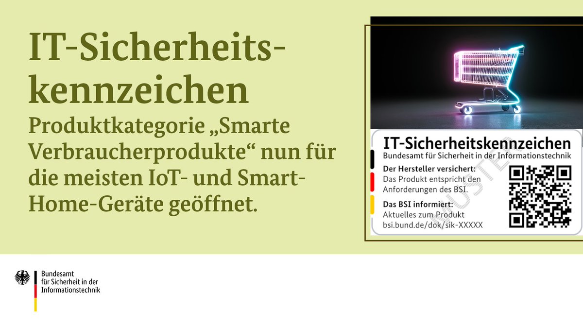 BSI_Bund's tweet photo. Mit nützlichen und intelligenten Funktionen erleichtern smarte Verbrauchergeräte zunehmend unseren Alltag. Unser IT-Sicherheitskennzeichen macht die IT-Sicherheitseigenschaften der smarten Geräten transparent. Mehr unter https://t.co/gqndryXJoE
#DeutschlandDigitalSicherBSI https://t.co/tKGrFcL1hy