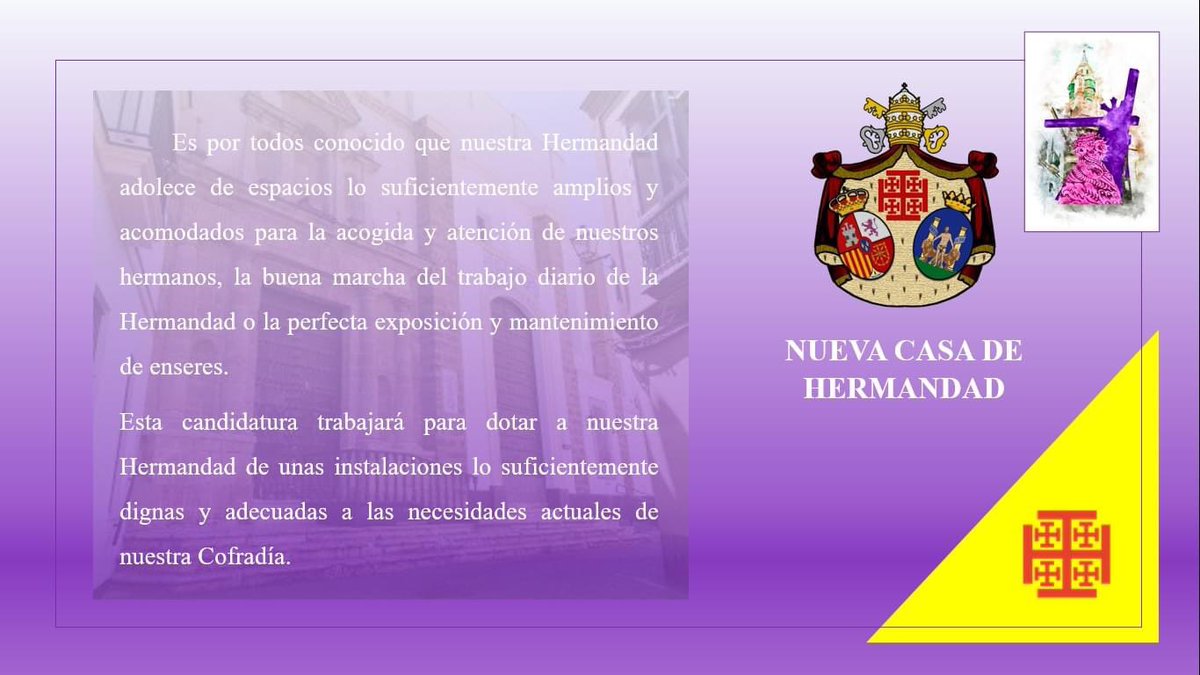 LaLuzNazareno's tweet photo. 🟣⚪️ ¿Tú también sueñas...? 🤔
Con una NUEVA CASA DE HERMANDAD, en la que poder reunirte con tus hermanos/as acorde con las necesidades actuales de la Hermandad.
Tienes la oportunidad de escoger, VOTA 📨
#cabildoeleccionesnazareno #acudeavotar #14deOctubre #CasaDeHermandad https://t.co/mwK6nm4K33
