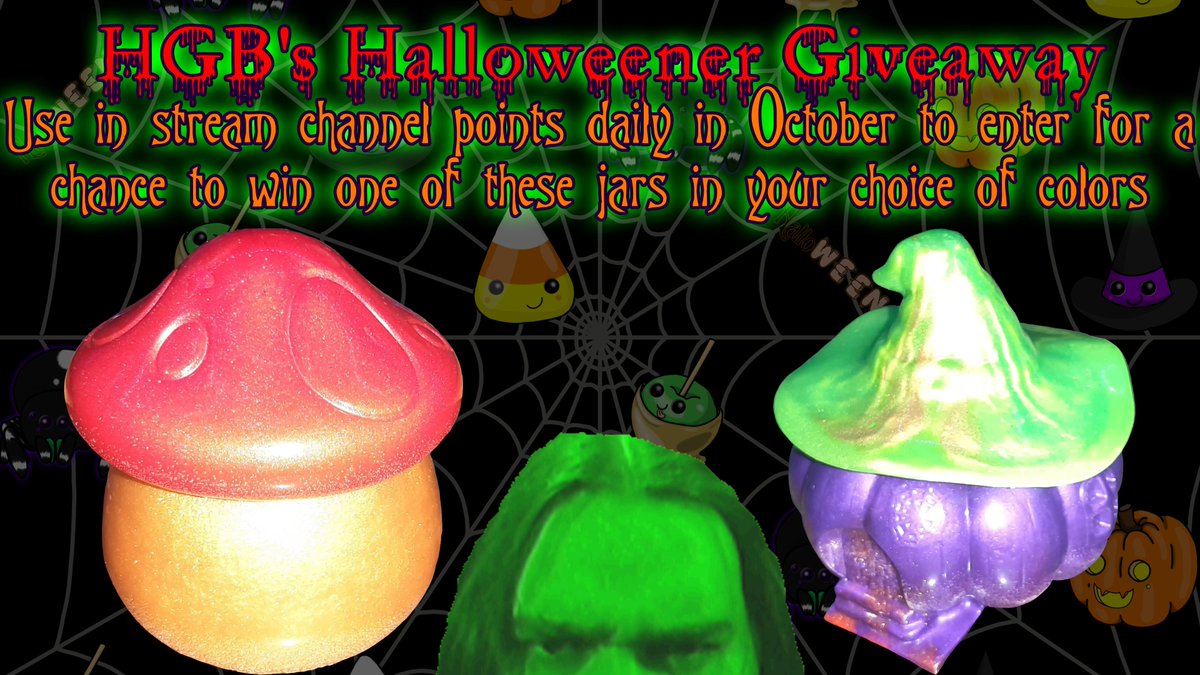 HumanGammaBomb's tweet photo. Look for the Channel Points Reward starting in October on https://t.co/ZZYn76xQUM to enter daily for a chance to win one of these jars customized in the colors you want

Top of the Mushroom is the lid of the mushroom jar

Witch hat is the lid for the pumpkin haunted house jar https://t.co/1RfYUirk6D