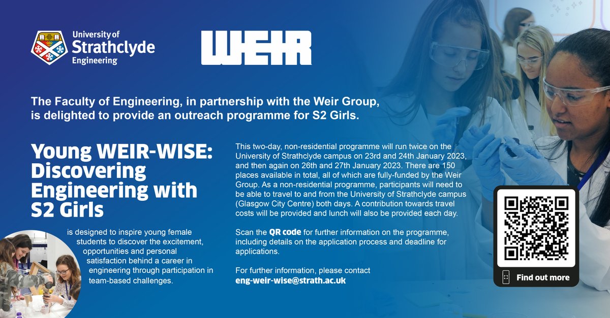 Applications are now OPEN for our Young Weir Wise outreach programme, which is running at the University of Strathclyde in January 2023. An amazing opportunity for S2 girls to find out more about Engineering study and careers. Apply online now bit.ly/2iVUa5H