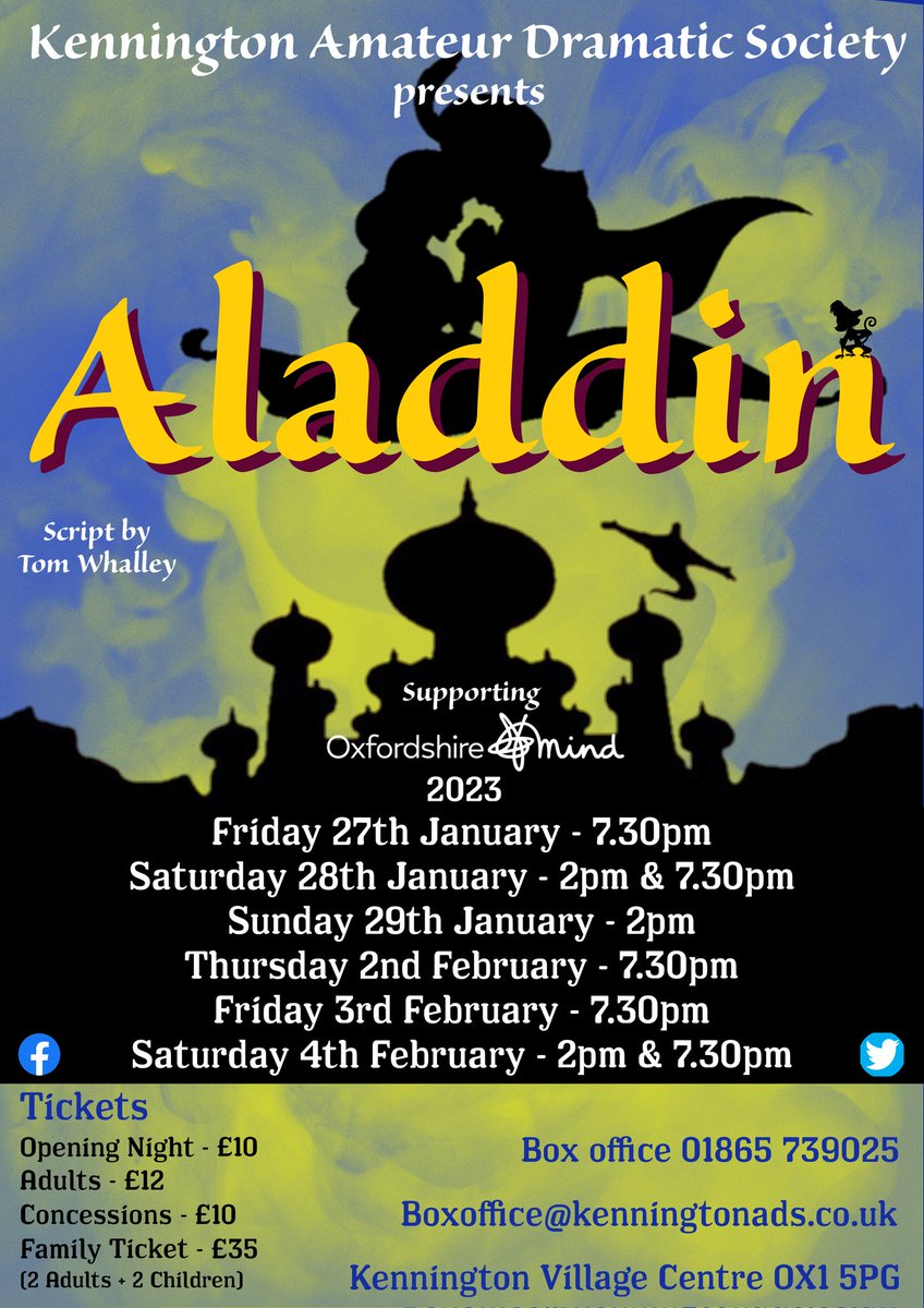 Tickets are now on sale for #Aladdin.
We are supporting @OxfordshireMind this year, so get your tickets now. #KADS #Aladdinpantomime