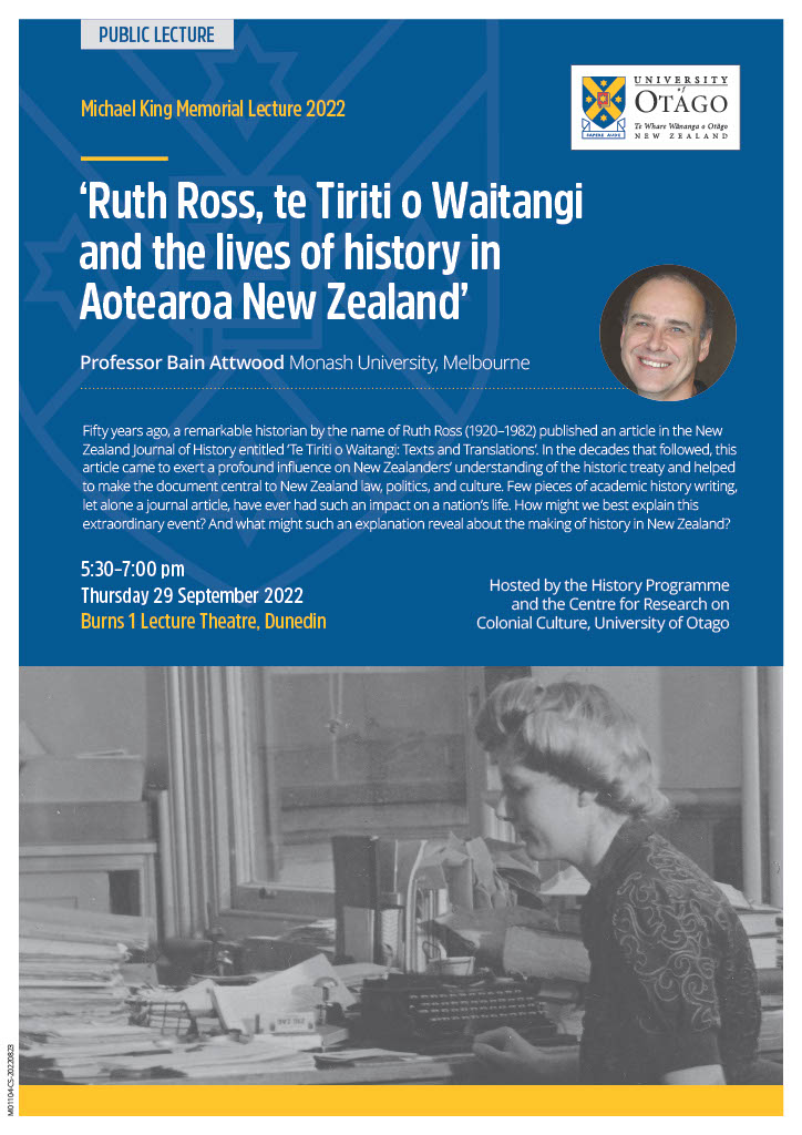 Looking forward to the 2022 Michael King Memorial Lecture tomorrow!  Join us at 5.30pm either in-person or online. For those attending from afar, use the details below.
Topic: 2022 Michael King Lecture 
Please click here to join: otago.zoom.us/j/96146358032?…
Password: 283350