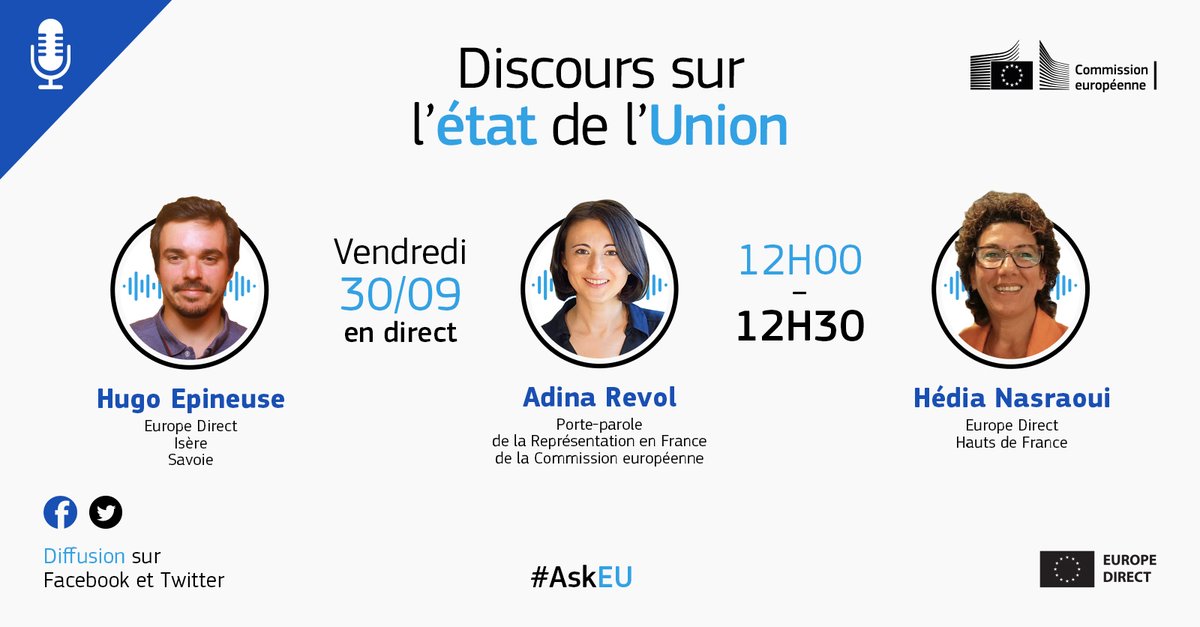 UEFrance's tweet photo. Discours sur l'état de l'Union 2022 🇪🇺 : bilan &amp; perspectives

👉 RDV demain à partir de 12h pour une session de questions-réponses en direct avec notre porte-parole @AdinaRevol, ainsi que @EDIsereSavoie &amp; @EuropeAmiens ↓

#SOTEU #AskEU https://t.co/qTZceuc2xB