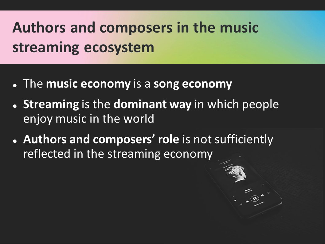 authorsocieties's tweet photo. #MusicStreaming study launch: @legrandnetwork explains “Music economy is a song economy, but still authors&amp;composers’ role is not sufficiently reflected” https://t.co/2GYlmZipYQ