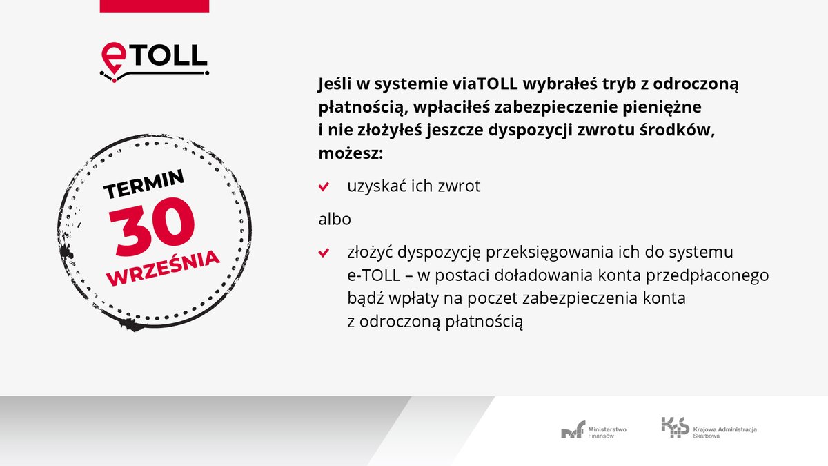 KAS_GOV_PL's tweet photo. ⏰ Jeszcze przez 3⃣ dni można wnioskować o zwrot:
– kaucji za urządzenia OBU systemu #viaTOLL, tzw. viaBOX
– środków z umów zawartych w wygaszonym systemie.
Po 𝟯𝟬 𝘄𝗿𝘇𝗲𝘀́𝗻𝗶𝗮 zostaną one przekazane do Krajowego Funduszu Drogowego.
Szerzej ➡️ https://t.co/hhG79lnXsy https://t.co/lHnQLtmNWB