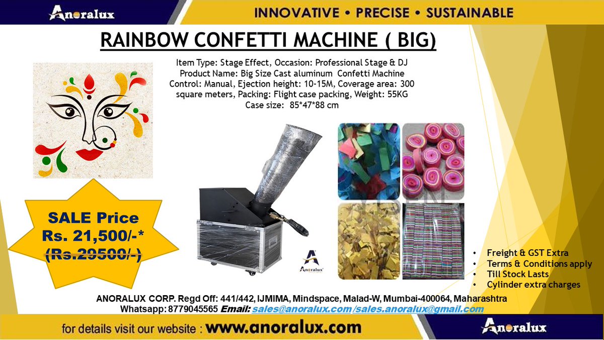 AnoraluxCorp's tweet photo. "ANORALUX RAINBOW CONFETTI MACHINE (BIG)". May this Navratri. Fill Your life with the colors of Happiness and Prosperity. ANORALUX Wishing You and Your Family, A very Happy Navratri.For further details and requirement you can reach us on "9029999575".#confettimachine https://t.co/oNs53OAWkR