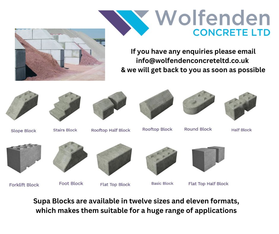 We are now manufacturing a new range... 
        **SUPA BLOCKS**
Please see the website below for more information on our SUPA BLOCKS and dimensions. 
wolfendenconcreteltd.co.uk/supa-blocks/