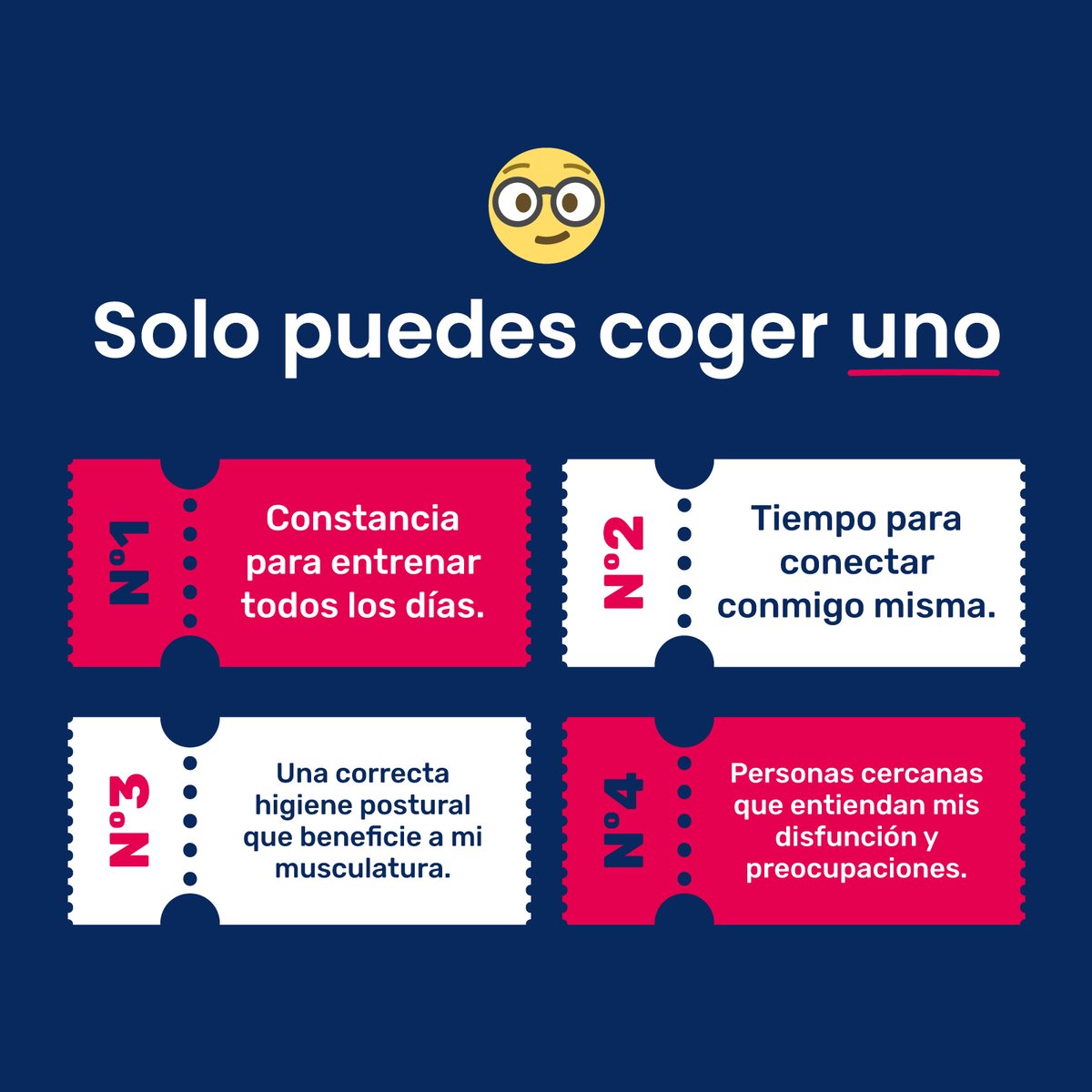 Imagina que todos los tickets cuestan lo mismo. ¿Cuál cogerías? 🤔 

Creo que sin duda... Constancia para entrenar todos los días. 

¿Tú? 🙃