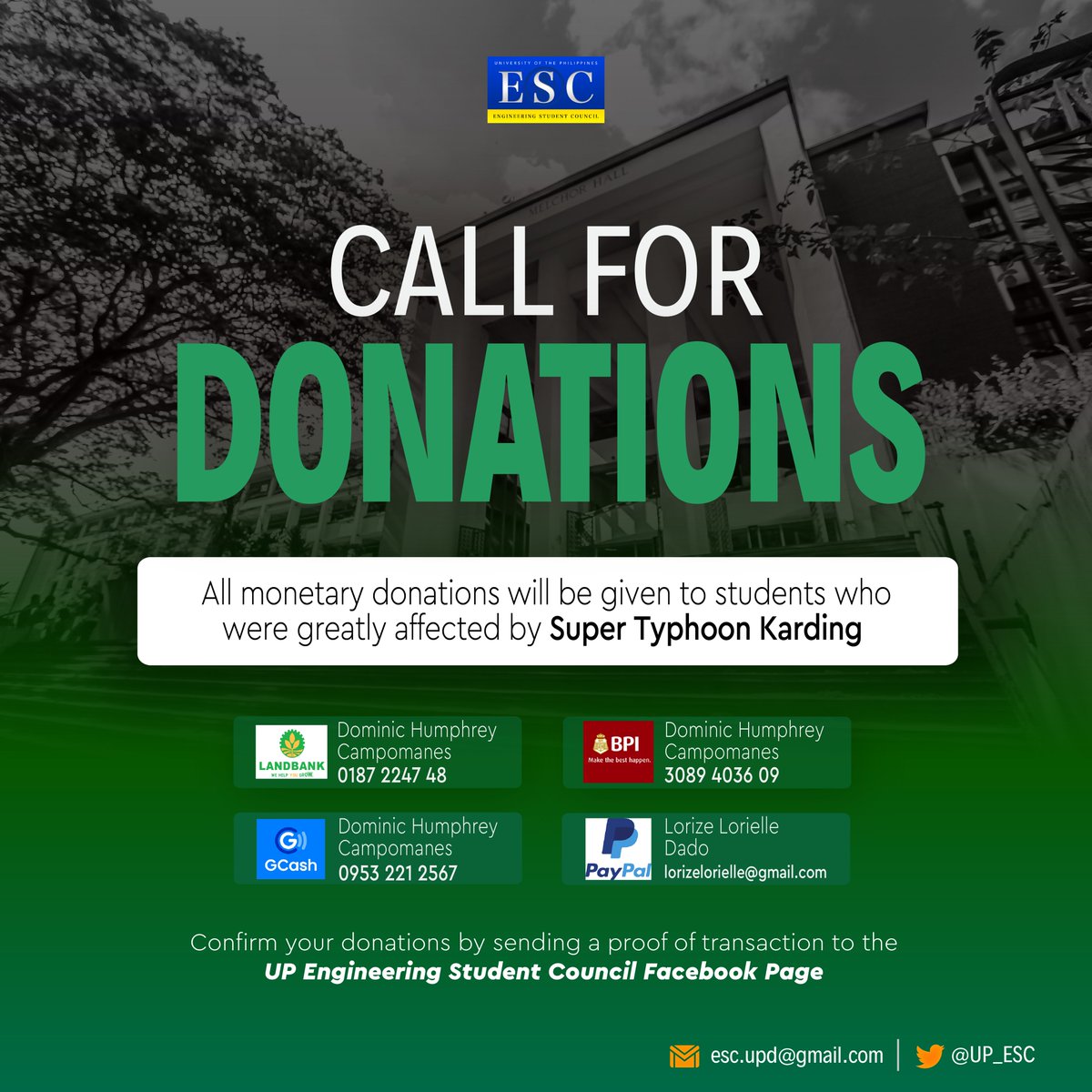 UP_ESC's tweet photo. [CALL FOR DONATIONS]

Some students were severely affected by the rains and floods due to Super Typhoon Karding. With that, we humbly ask for donations to help the students who were affected.

1/n https://t.co/hMam6gllaJ