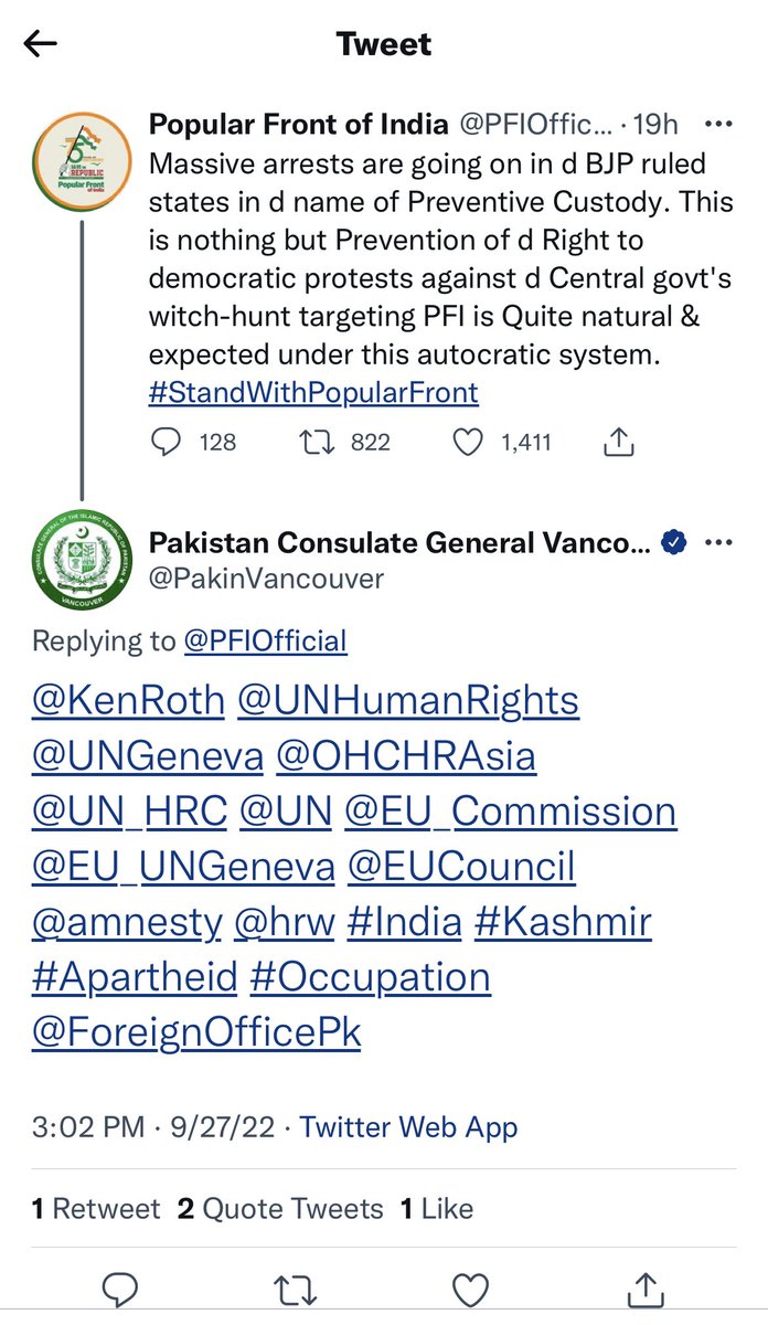 Pakistan Government's verified handles tweeting #StandwithPFI #StandwithPopularFront