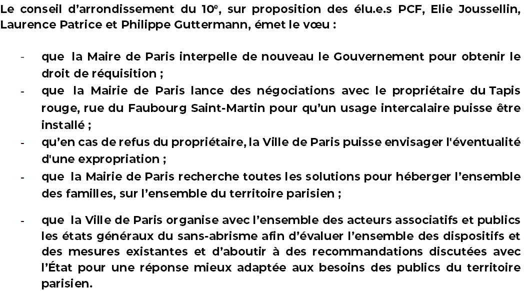 ElieJoussellin's tweet photo. Les 4 voeux déposés ou co-déposés par les élu.e.s @pcfparis10 au #CAParis10 hier ont été adoptés :

✅ Soutien aux professeurs du collège Seligmann
✅ Retour à une offre de bus à 100%
✅ Propositions de nouvelles recettes fiscales
✅ Usage intercalaire d'un immeuble vide https://t.co/hfflg40cf2