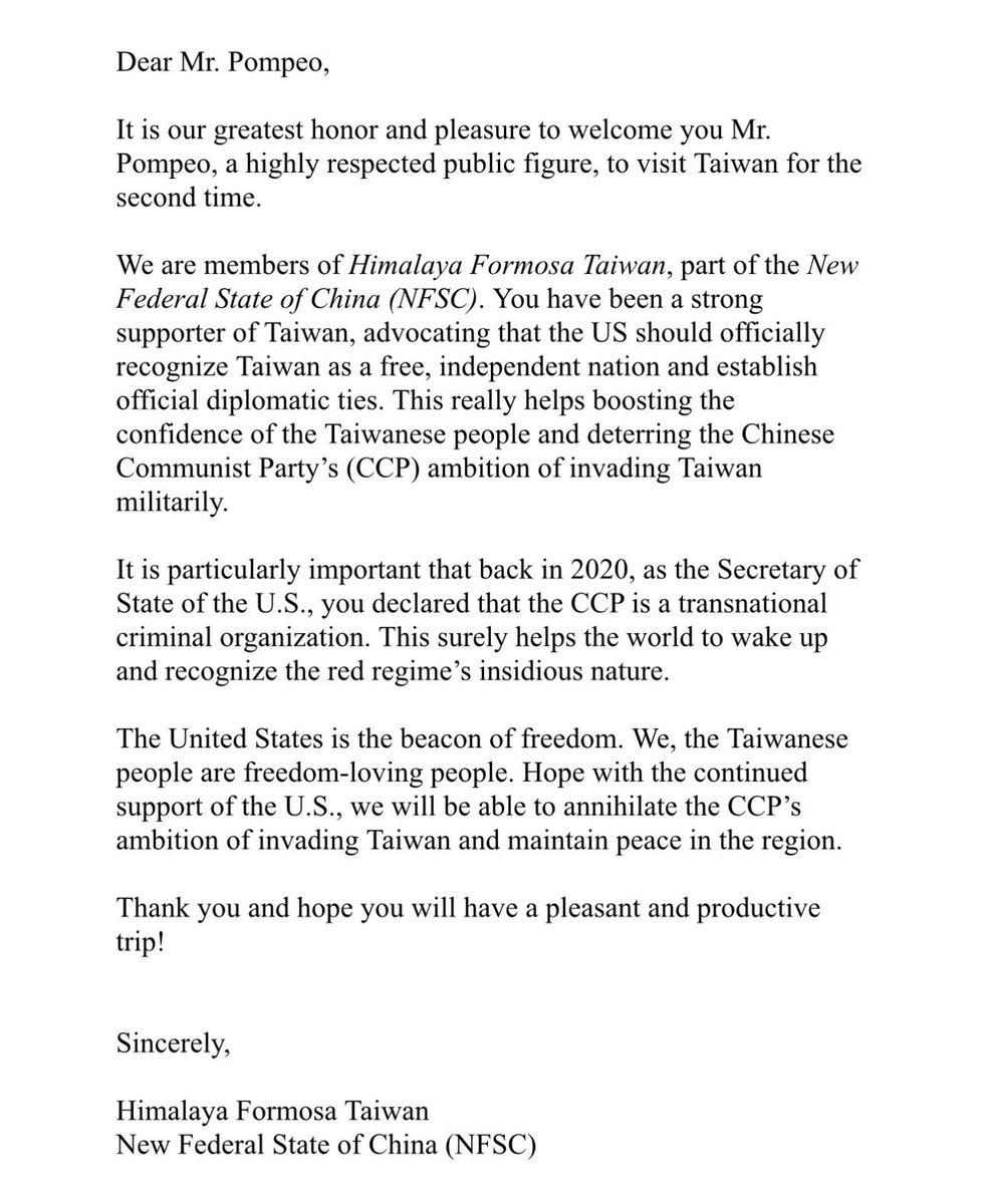 Baoliaogeming64's tweet photo. 👏👏👏最新消息，在台湾，蓬佩奧先生收到來自新中国联邦台湾农场的，感謝信及七芒星胸針紀念品，并和大牛战友合影留念！
台湾的战友们太棒了👍👍👍 https://t.co/XVJ3eFZuLY