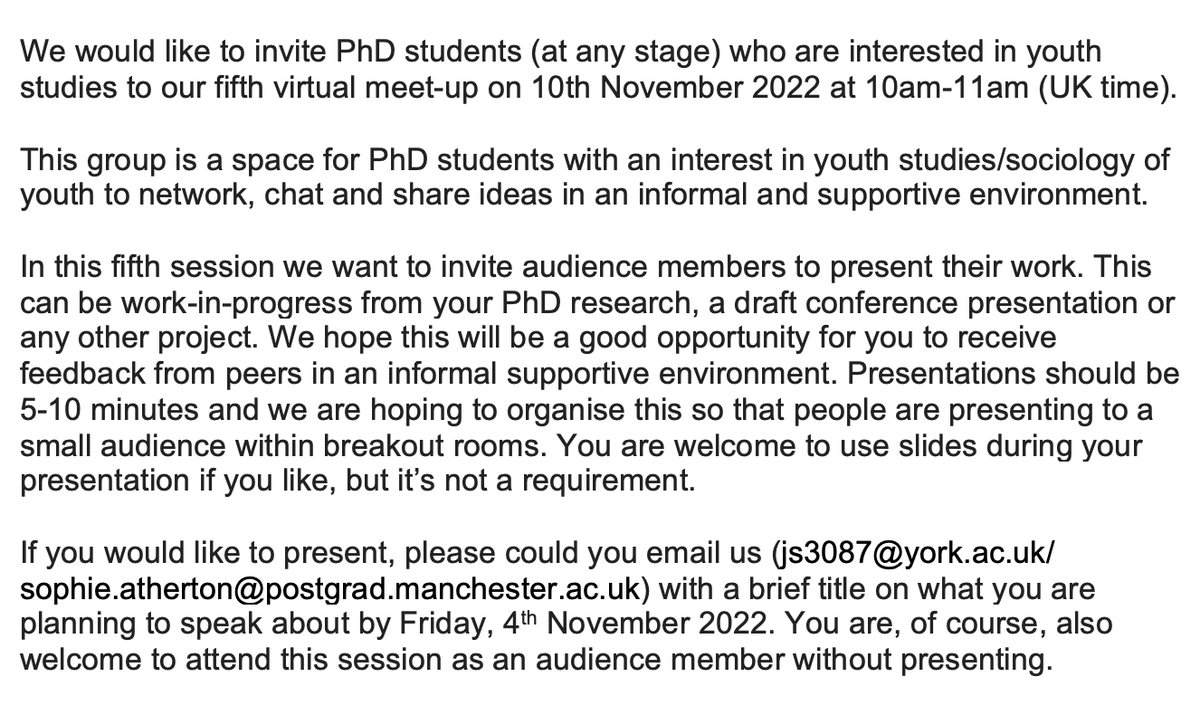 #PhD students interested in #youth studies, join us on 🗓️10th November 2022, 10-11am (UK time) for our fifth virtual meet-up. This time there will be an opportunity for everyone to present work in progress. DM @SophieAthe or me for Zoom link. See invite with more details below 👇