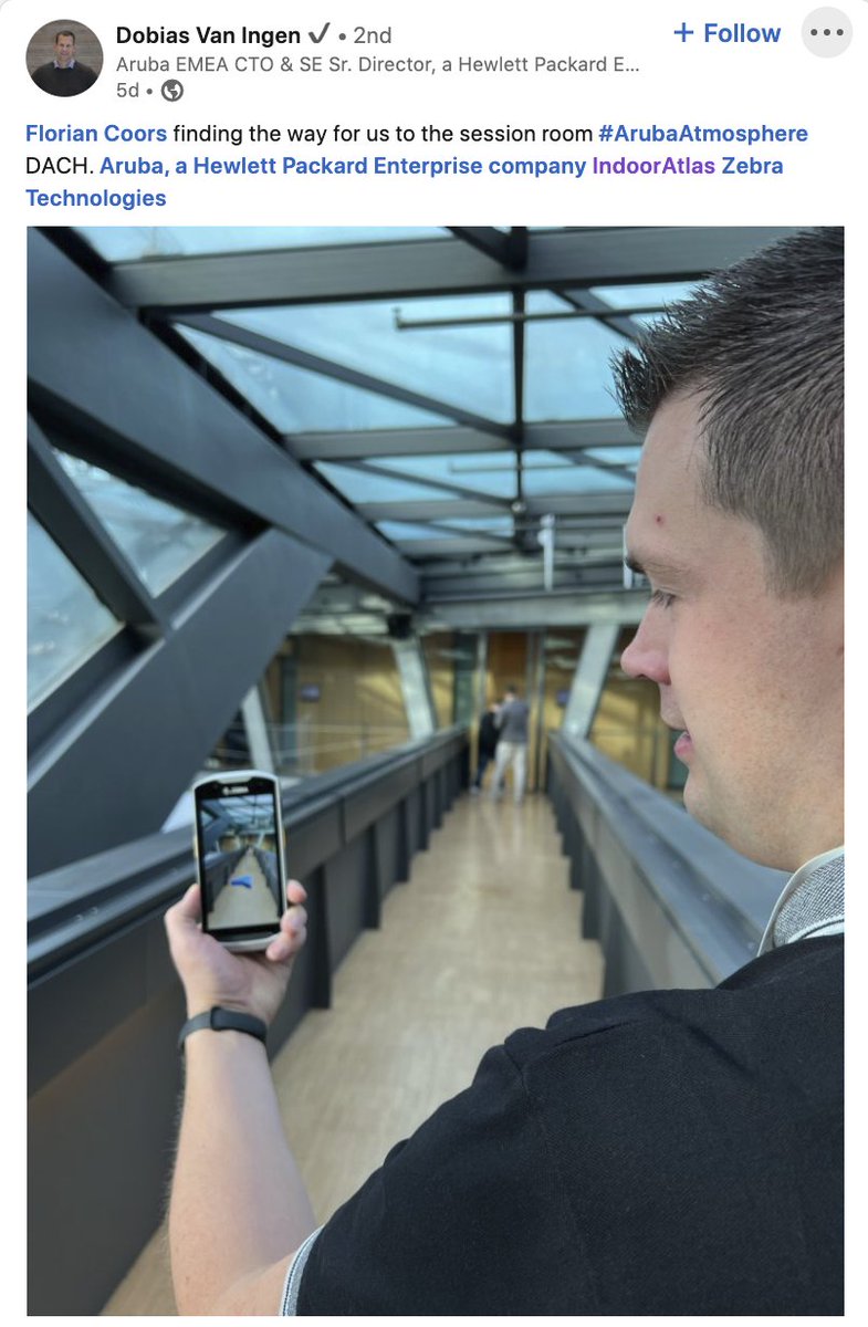 #ArubaAtmosphere '22 DACH in Darmstadt. Geolocation-aware #AugmentedReality powered by <a href="/IndoorAtlas/">IndoorAtlas</a>. Pioneering work by <a href="/ArubaNetworks/">arubanetworks</a> and <a href="/ZebraTechnology/">Zebra Technologies</a>.

bit.ly/3BQDRw3