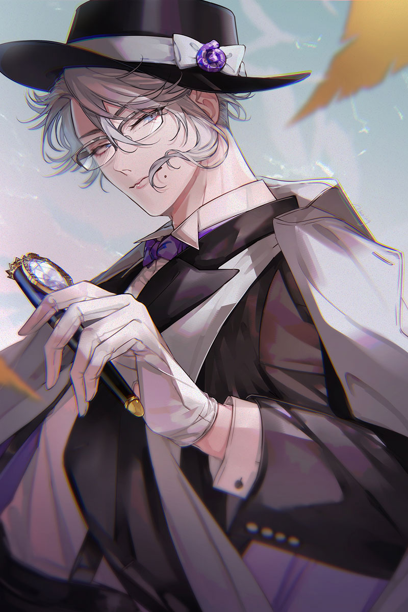 1boy male focus hat glasses solo gloves holding  illustration images