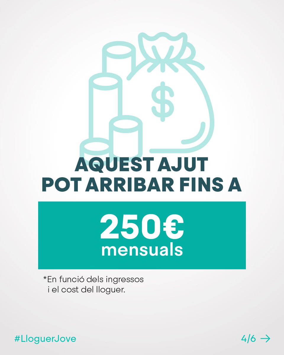 🏠 Des d'avui ja pots demanar l’ajut del #LloguerJove que ha impulsat la conselleria <a href="/dsocialscat/">Drets Socials i Inclusió</a>. 

🤔 Qui pot rebre aquest ajut? 👇🏽

💶 Els ajuts poden arribar fins a 250€ mensuals per a joves de fins a 36 anys. 

👉🏽 Demana'l a gen.cat/lloguerjove