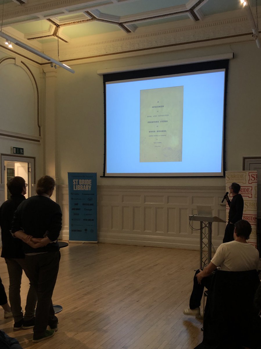 Lovely to be @stbridelibrary last night to celebrate the digitisation of their pre-1830s type specimens. Some gems shared by @PauloBarnesi including this unique specimen of typefounder Hugh Hughes. 👏👏👏