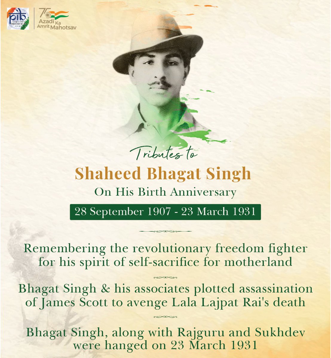 PIB_India's tweet photo. Tributes to the revolutionary freedom fighter #ShaheedBhagatSingh on his birth anniversary 

#BhagatSingh popularized Hasrat Mohani's slogan "Inquilab Zindabad" which became the slogan of India's armed struggle 

#AmritMahotsav https://t.co/7GGmqra50m