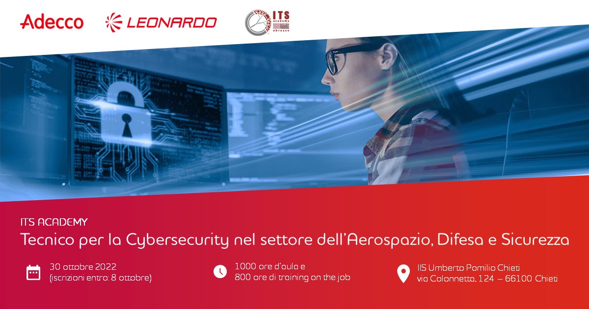 AdeccoItalia's tweet photo. Sei appassionato di informatica? Partecipa al corso per diventare Tecnico per la #Cybersecurity, accedere ad un contratto di #ApprendistatoDuale e lavorare presso @Leonardo_IT, azienda leader nel settore dell’Aerospazio, Difesa e Sicurezza. Candidati: https://t.co/OoIQPpIe2m https://t.co/WVtNzukuQf
