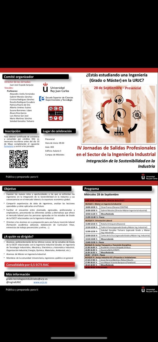 IV jornadas Salidas Profesionales de la Ingeniería Industrial en la <a href="/escet/">escet</a>, no te lo pierdas! Te esperamos en el aula Magna del Aulario II de Móstoles.