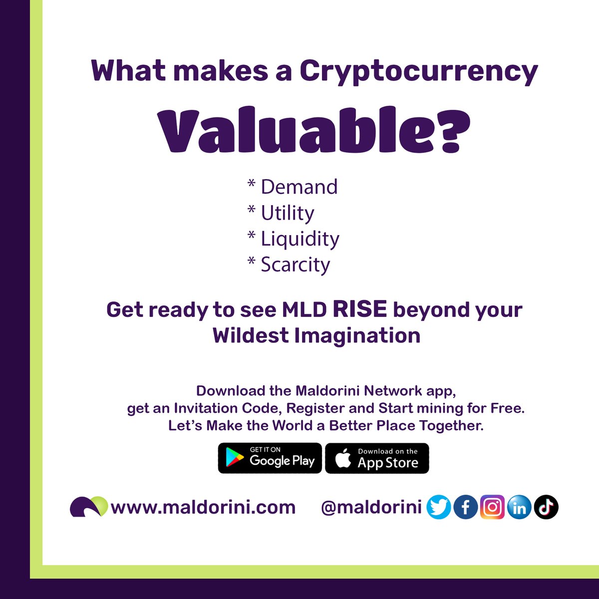 The Maldo (MLD) will soon be a Force to Reckon with.
The Maldorini network is building a system and a community whereby over 10,000,000 transactions will be conducted on MLD daily.

#maldorini #Crypto #cryptocurrencies #cryptocurrency #digitalasset #DigitalAssets