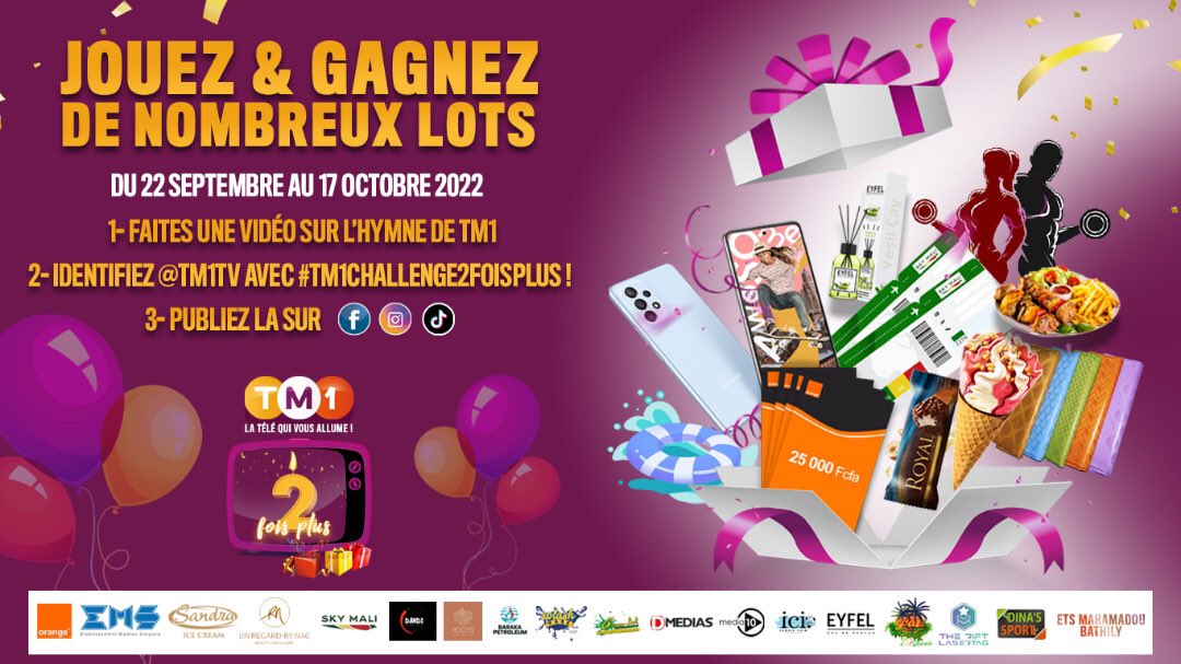 Le challenge #TM1 2 fois plus est lancé ! Comment participer ? 
- Produire une vidéo 30 secondes max en dansant sur l’hymne de TM1
- Publier la vidéo et identifier @TM1TV
- Et n’oubliez pas le hashtag #TM1Challenge2foisplus
Les meilleures vidéos seront diffusées !