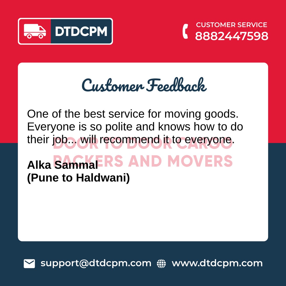 dtdcpm's tweet photo. Thank you so much Ms Alka Sammal  for your valuable feedback. For fast and smooth shifting services, visit us at https://t.co/HC0xPXwfcp
.
.
.
#CustomerFeedback #HappyCustomer #HappyMoving #Feedback #Review #MoveWithDTDCPM https://t.co/oCKmqzVWHS