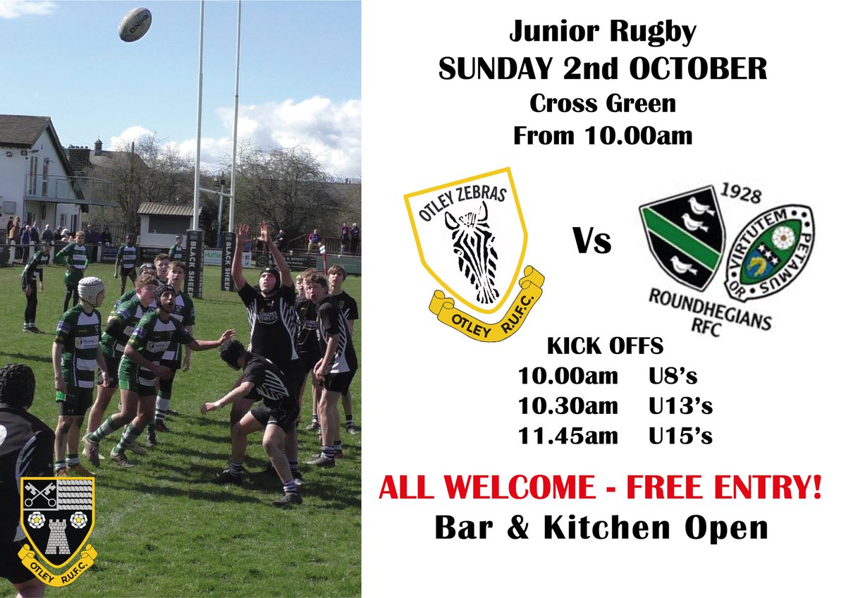 This Sunday some of our Zebras will be hosting <a href="/RoundhegiansRFC/">Roundhegians RFC</a> juniors at Cross Green. First kick off 10am. Bar &amp; kitchen open. All welcome!!  🏉🏉#yorkshirerugby #juniorrugby #otley #rugbyunion