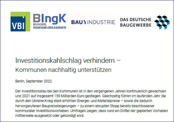 Appell von <a href="/BIngKonline/">BIngK</a>, <a href="/Das_Baugewerbe/">Zentralverband Deutsches Baugewerbe | ZDB</a>, <a href="/dtbauindustrie/">Die BAUINDUSTRIE</a> und #VBI! 
Auftragsstop bei #Kommunen sorgt für weiteres Anwachsen des #Investitionsstaus + gefährdet massiv #Kapazitäten in #Planungsbüros und #Bauunternehmen. 
👉bingk.de/investionskahl…
#Zukunfsichern