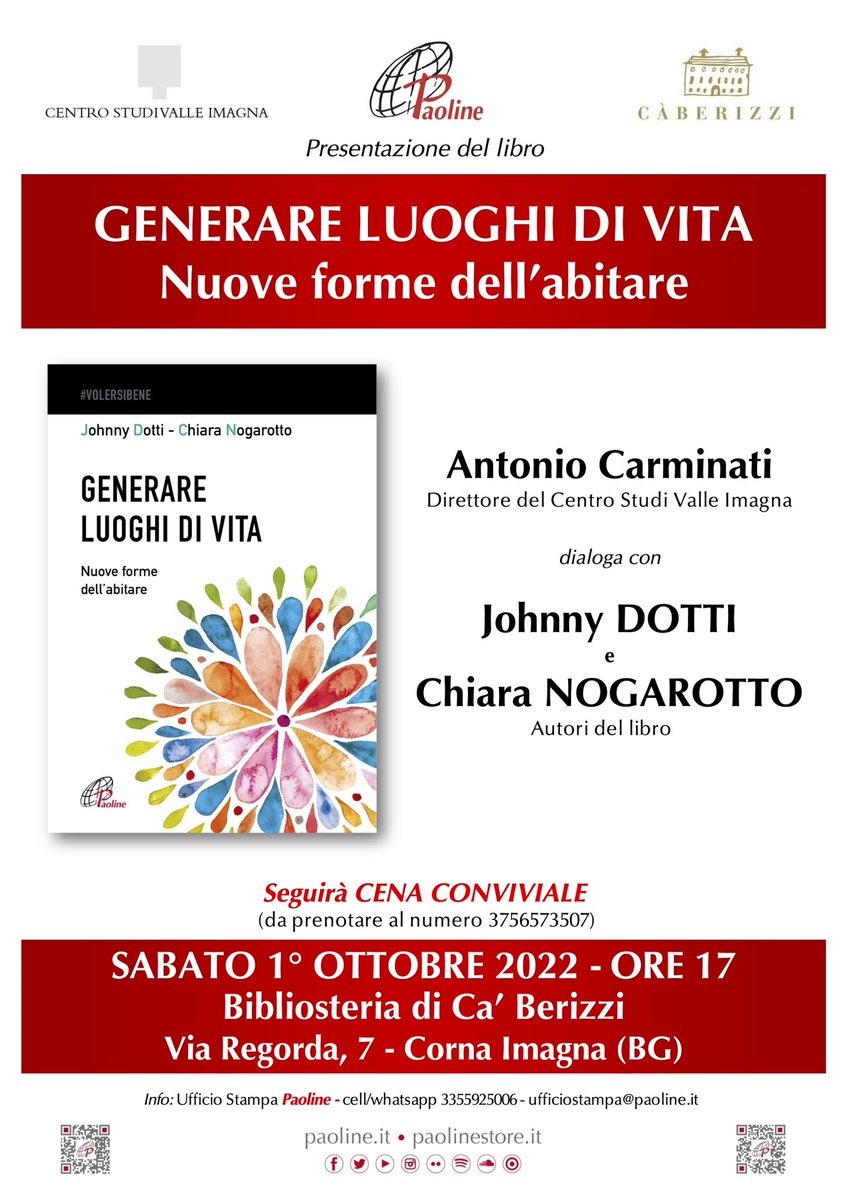 eone_abitare's tweet photo. 🗓️ Sabato 1 ottobre ore 17.00
Appuntamento con l'abitare generativo in Valle Imagna 🌳⛰️ 

Johnny Dotti e Chiara Nogarotto dialogheranno con Antonio Carminati, Direttore del Centro Studi Valle Imagna.

#Paoline #generareluoghidivita #abitare #abitaregenerativo #valleimagna https://t.co/co6hE91o1B